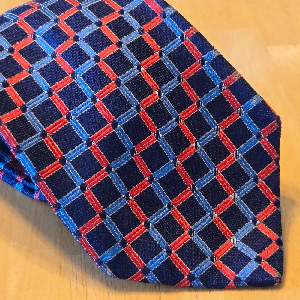 Gieves & Hawkes London Necktie Mens Silk Tie 3.75" Navy Blue Red Blue Grid Italy